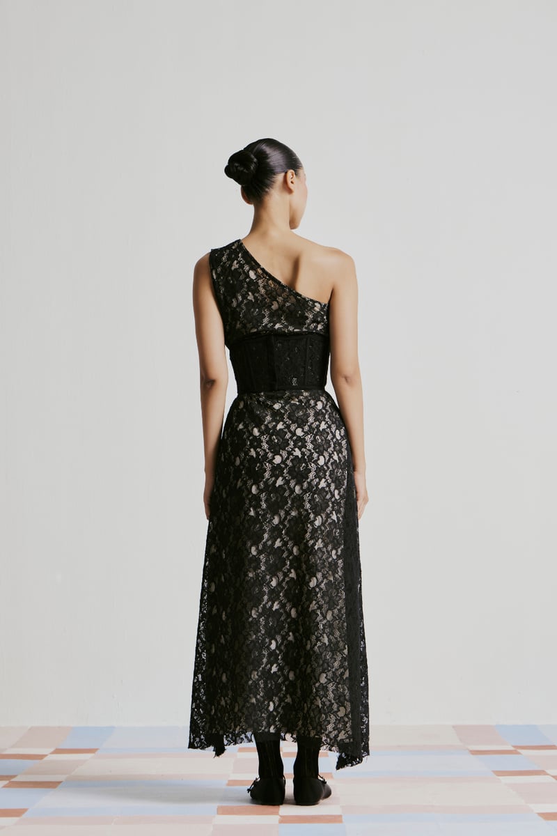 Black One-Shoulder Lace Maxi Dress with Corset Waist