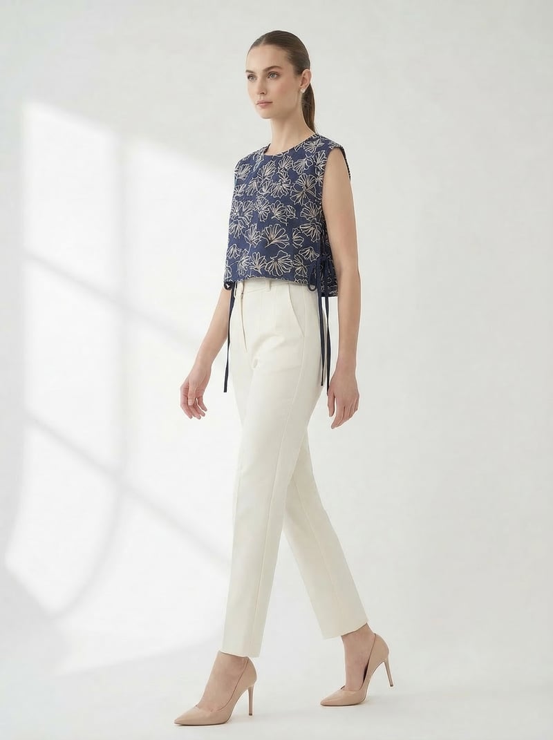 Navy Blue Floral Sleeveless Side Tie-Up Crop Top