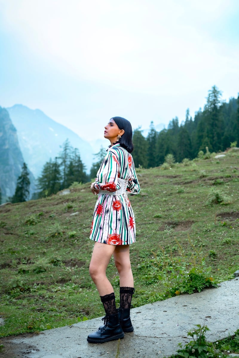 White/Green Printed Mini Shirt Dress