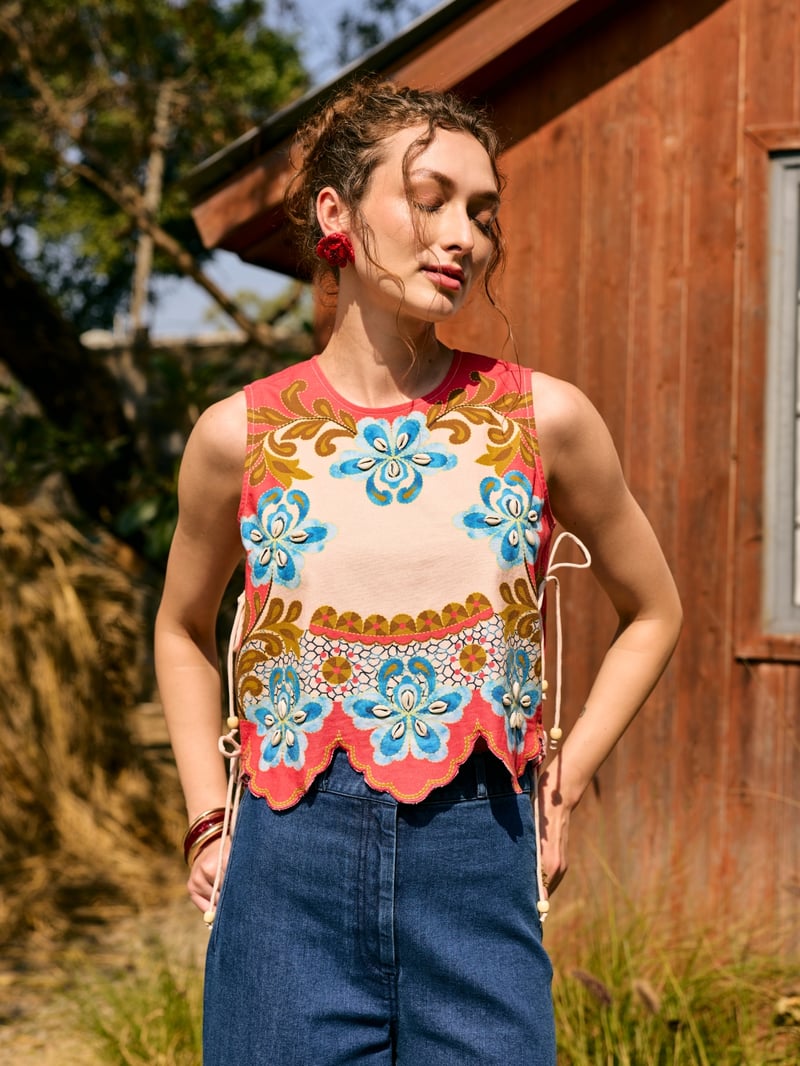 Beige Floral Printed Sleeveless Top with Side Ties