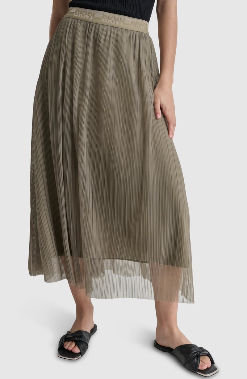 Olive Pleated Midi Skirt with Logo Waistband