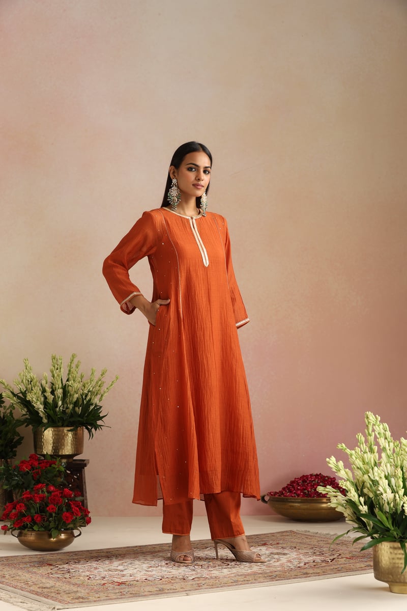 Burnt Orange Silk Chanderi Kurta Set with Gota Trim