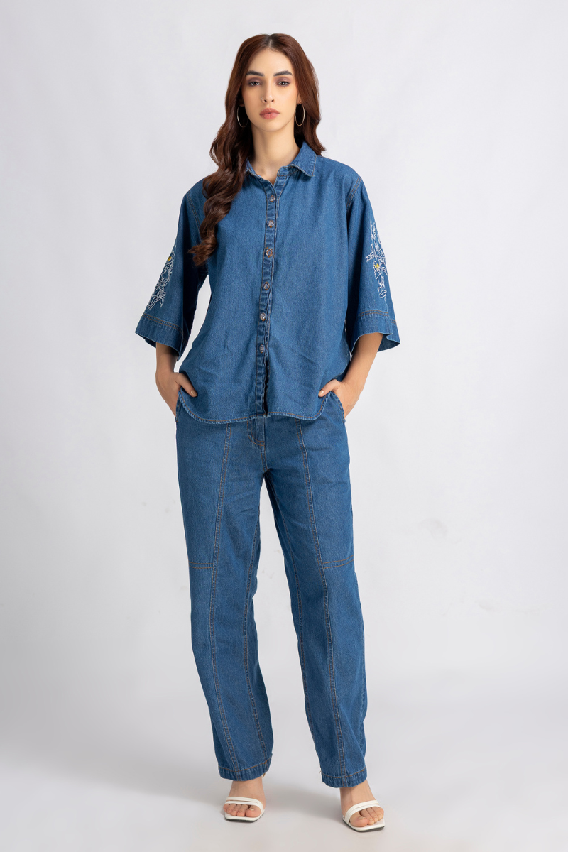 Blue Denim Embroidered Shirt and Pants Co-ord Set