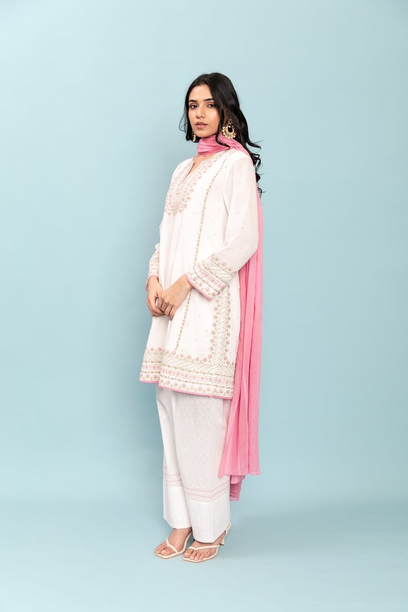 Ivory Cotton Flex Embroidered Kurta Set with Pink Dupatta