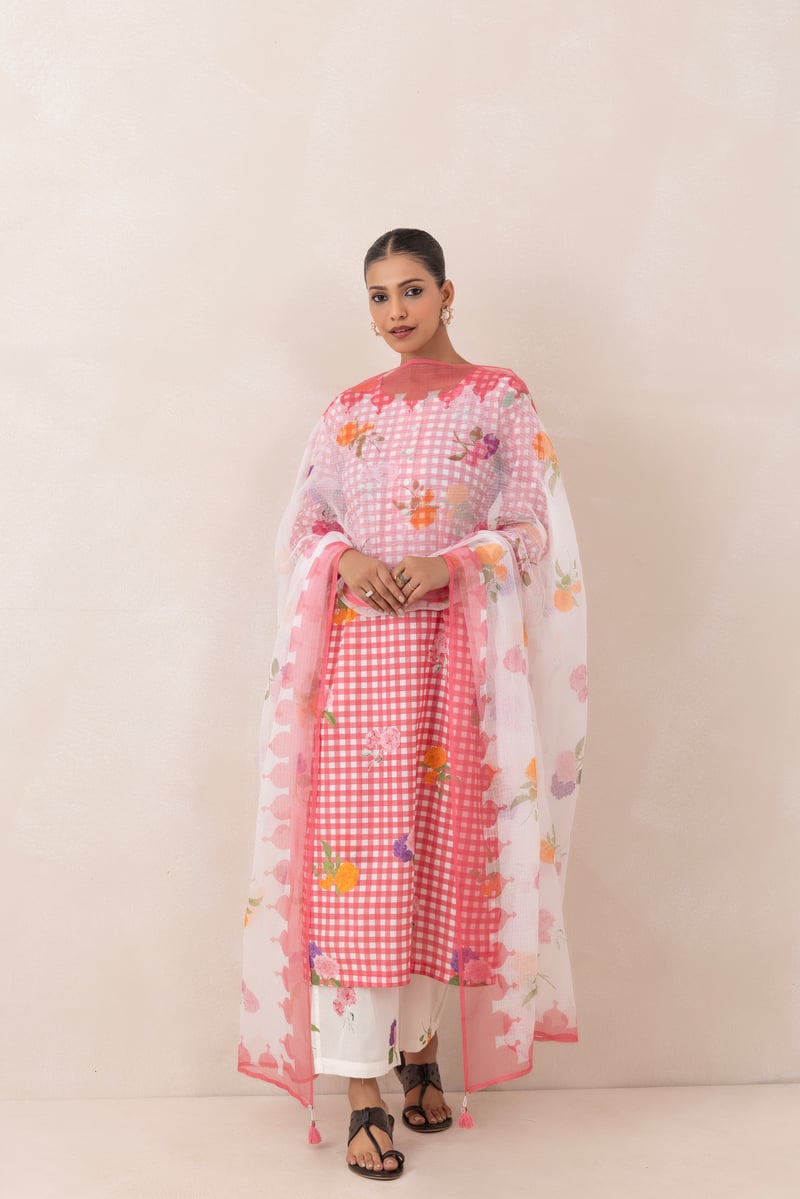 Pink and White Gingham Printed Cotton Kurta Set