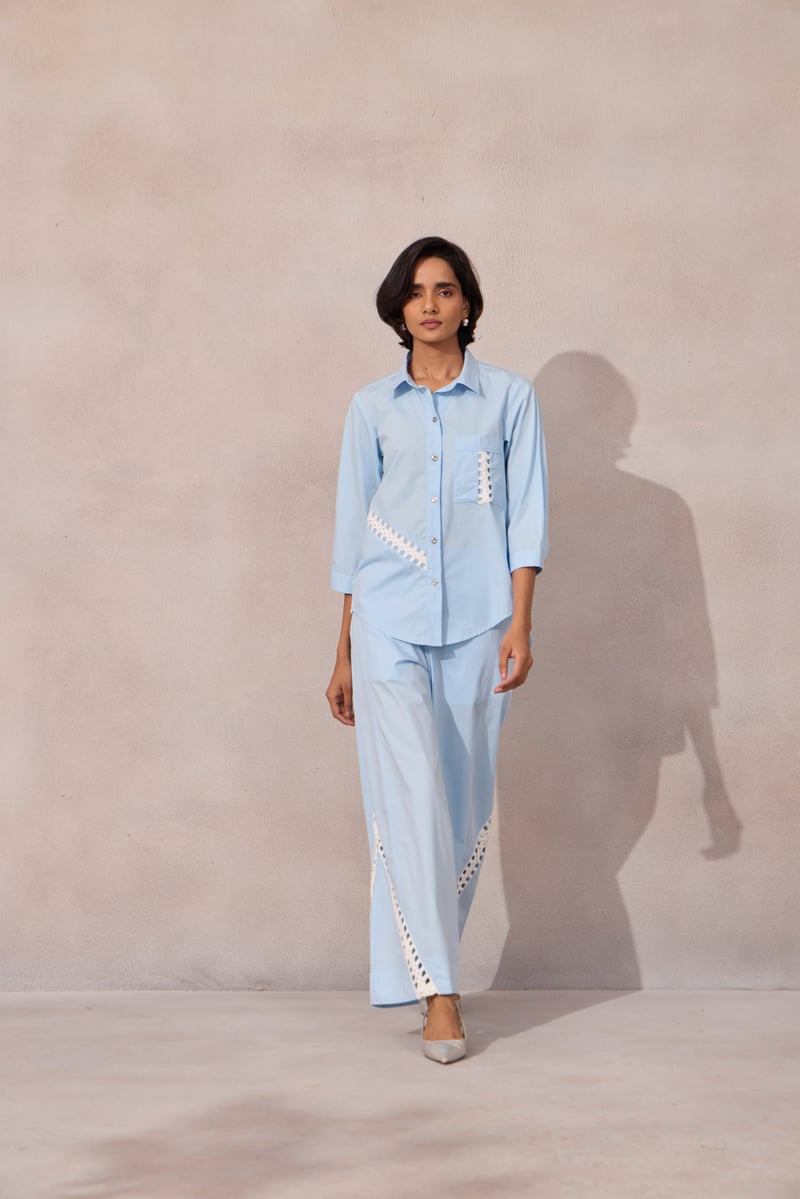 Frost Blue Cotton Poplin Shirt with Contrast Lace Inlay