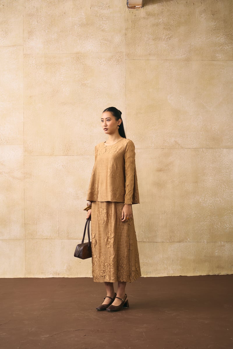 Mustard Textured Jacquard Top and Midi Skirt Co-ord Set