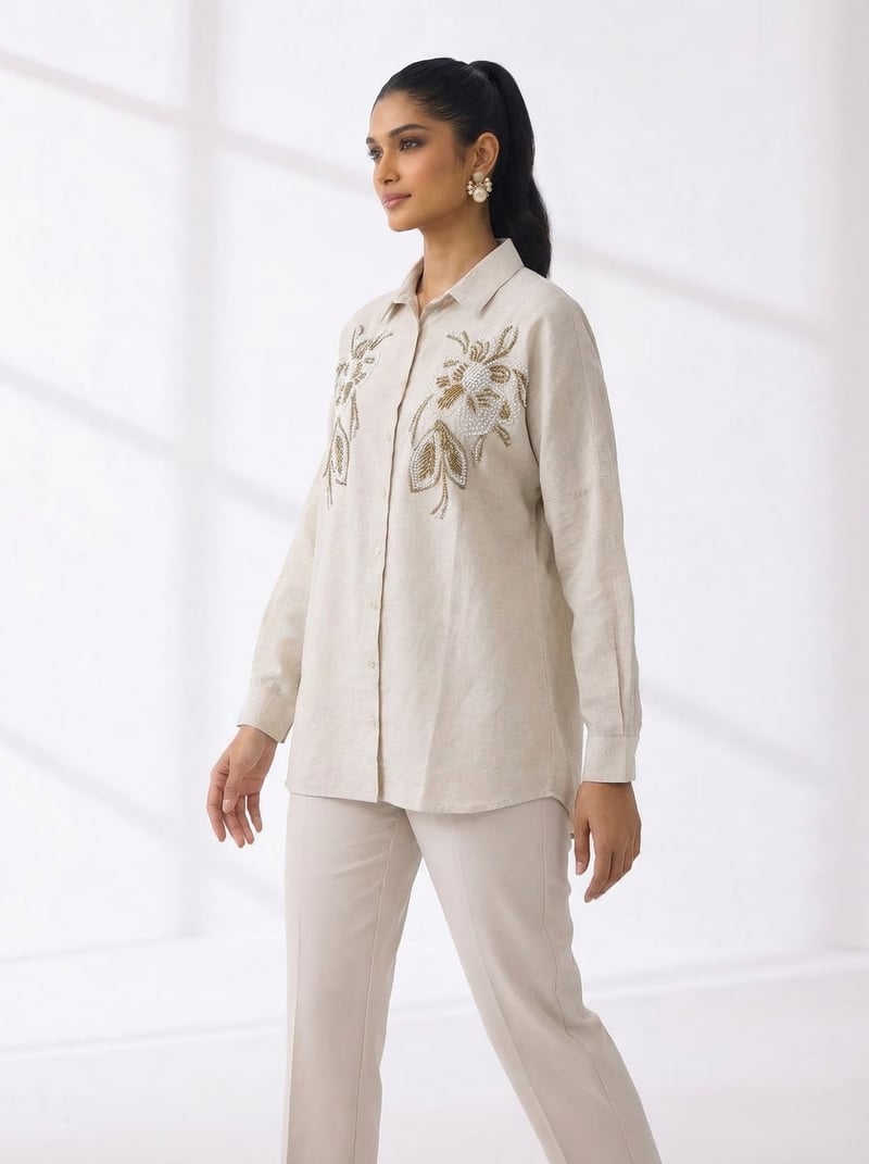 Natural Beige Embellished Floral Longline Shirt