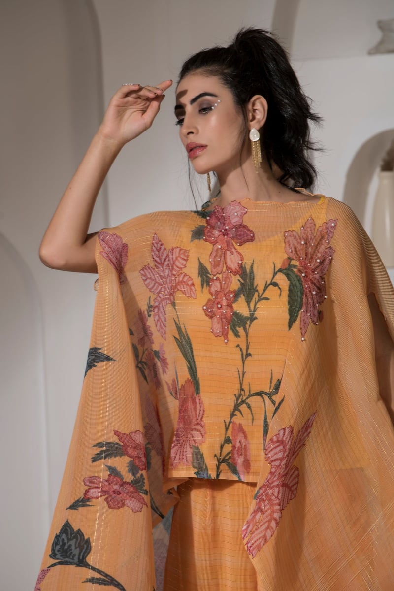 Yellow Floral Lurex Kaftan Kurta Set with Wide-Leg Pants