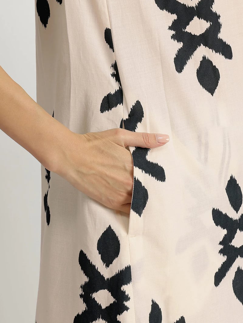 Cotton Ikat Geometric Print Kurta - Off-White