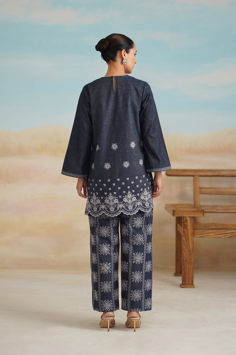 Denim Blue Embroidered Tunic and Wide-Leg Co-ord Set
