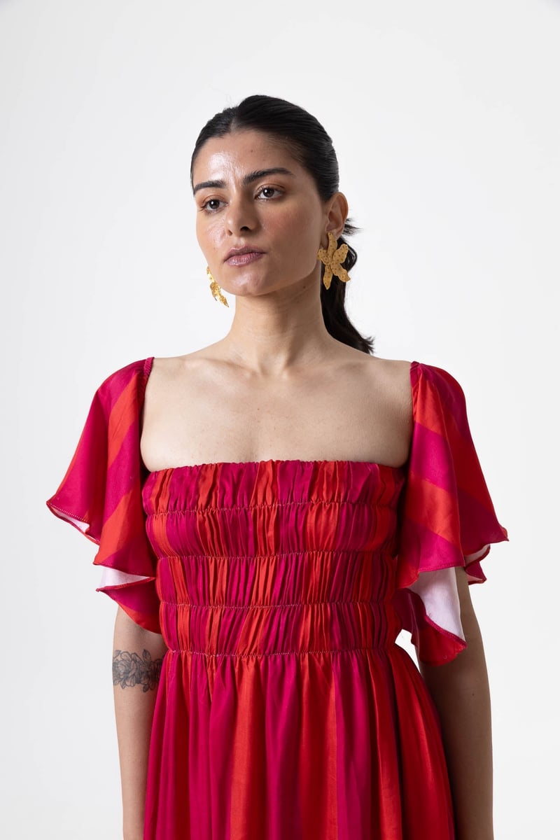 Pink Orange Striped Smocked Fit and Flare Midi Dress
