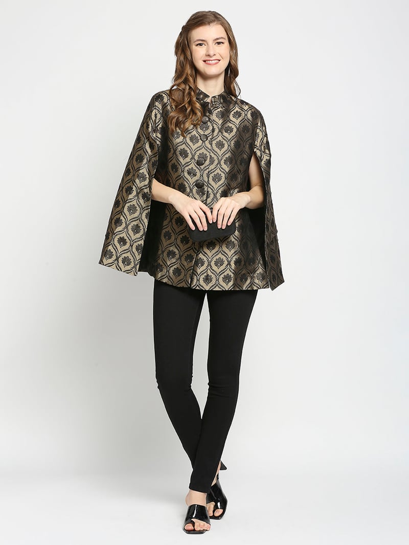 Black and Gold Metallic Brocade Cape Jacket