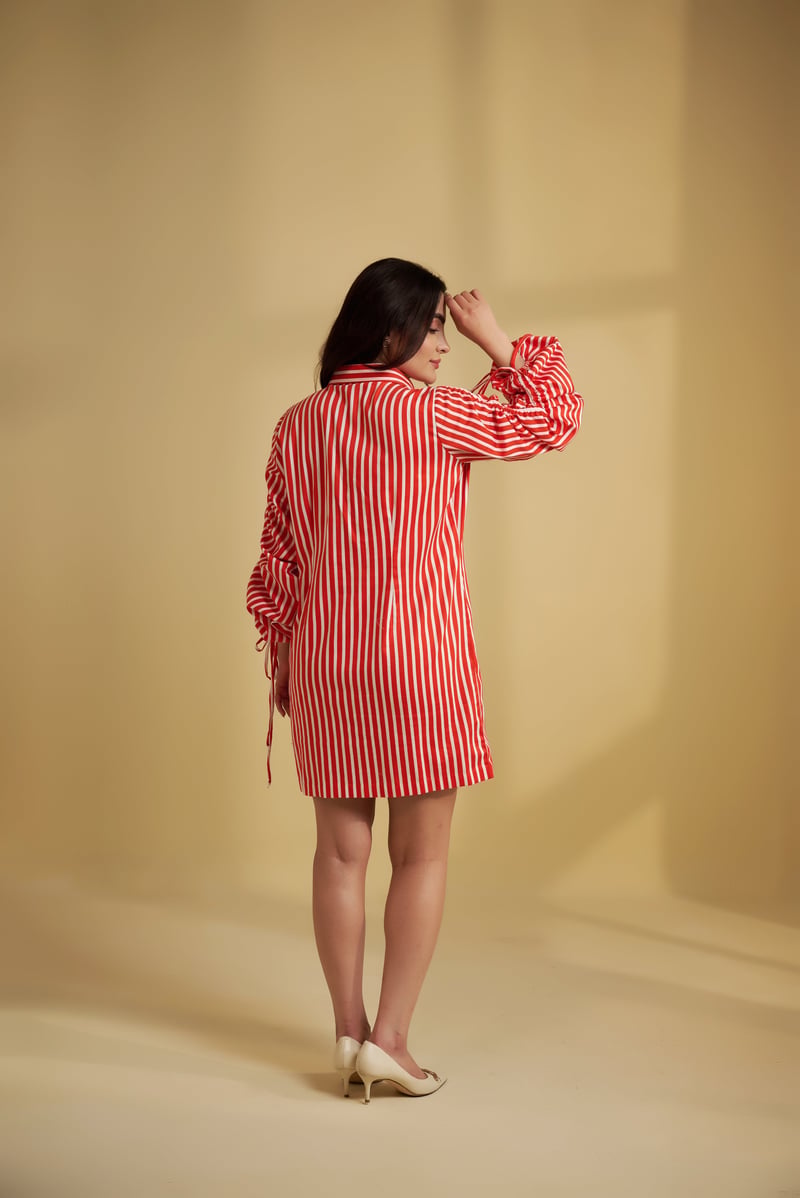 Red and White Striped Mini Shirt Dress with Palm Motif