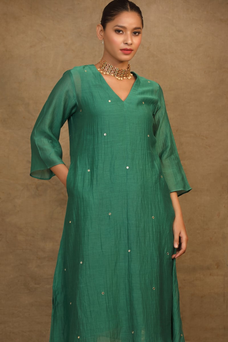 Emerald Green Mirror Work Silk Chanderi Kurta Set