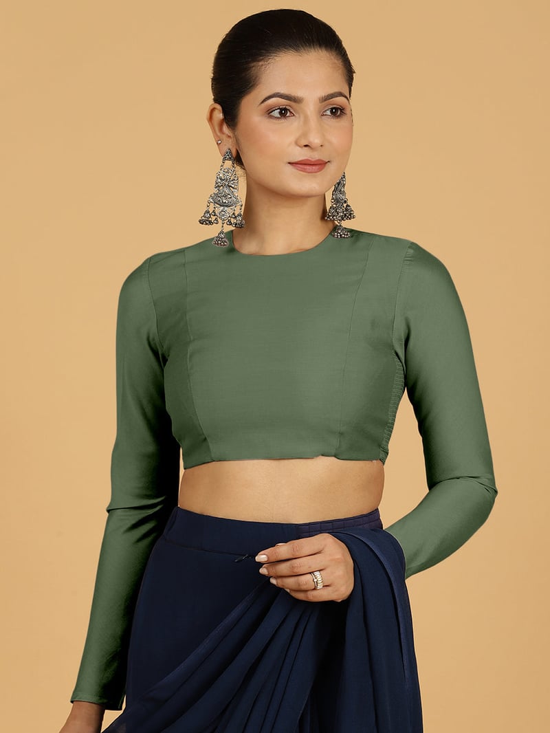 Hunter Green Full Sleeve Round Neck Saree Blouse