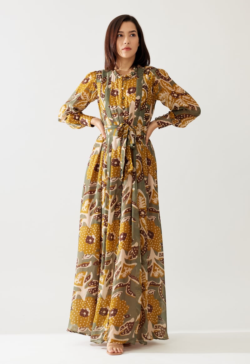 Olive And Mustard Floral Long Dress
