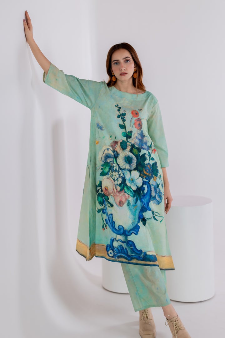 Aqua Green Printed A-Line Kurta and Pant Set