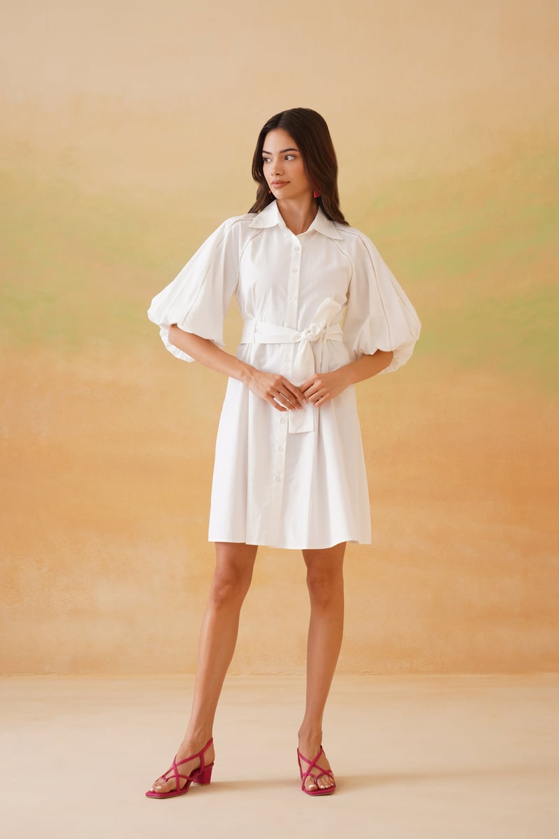 White Belted Shirt Dress with Balloon Sleeves — IERA