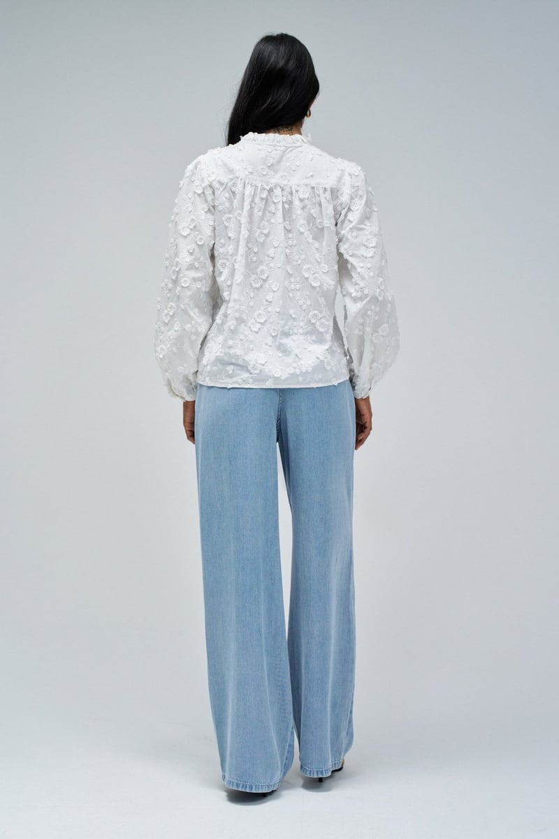 Light Pearl White 3D Floral Embroidered Blouse