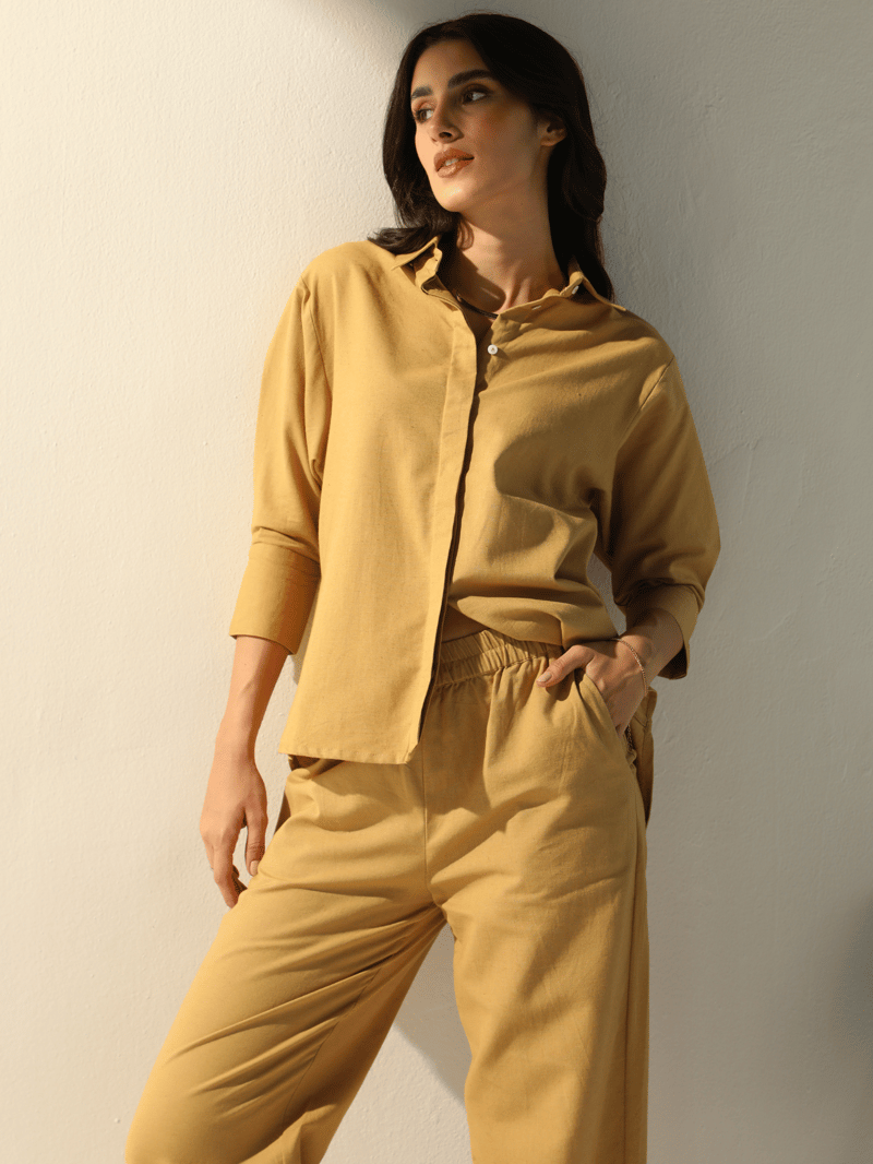 Caramel Cotton-Linen Shirt and Pants Co-ord Set