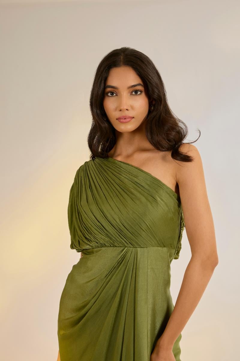 Olive One-Shoulder Draped Maxi Dress
