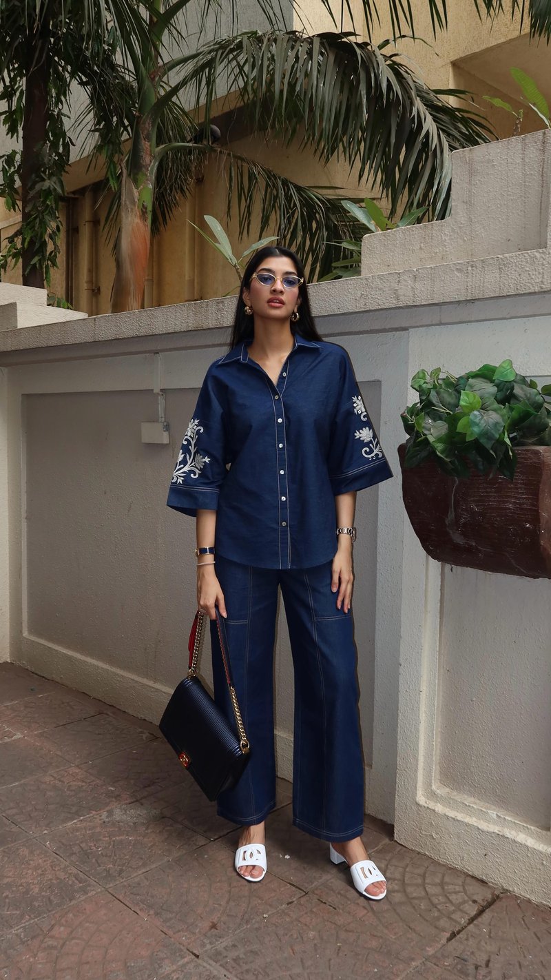 Denim Blue Embroidered Shirt and Wide-Leg Co-ord Set