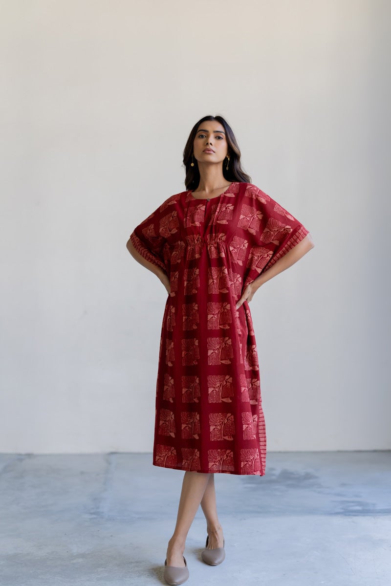 Red Hand Block Printed Cotton Midi Kaftan — Vraj Bhoomi