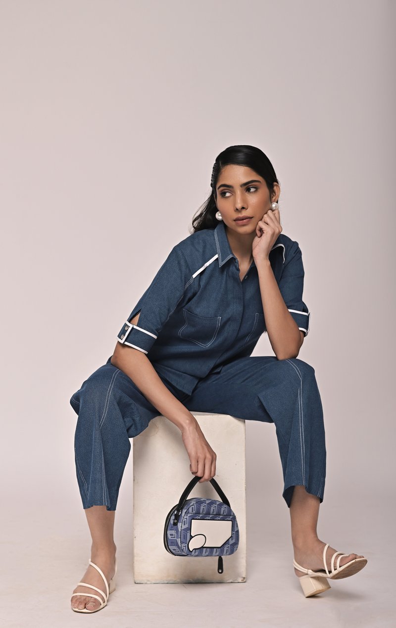 Denim Blue Shirt and Wide-Leg Pants Co-ord Set