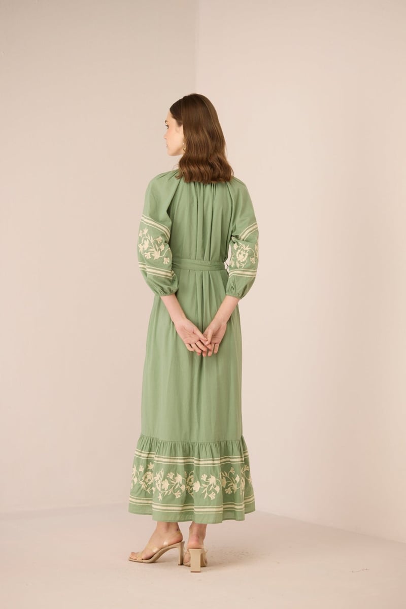Epsom Green Cotton Embroidered Belted Maxi Dress