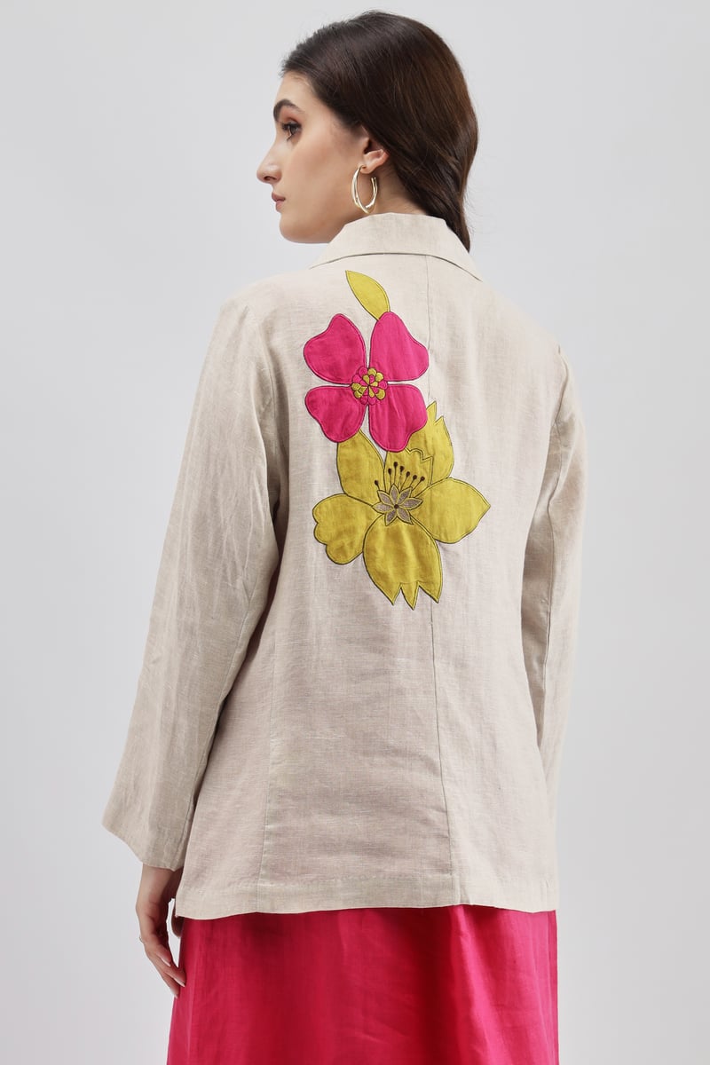 Beige Linen Floral Print Tailored Blazer
