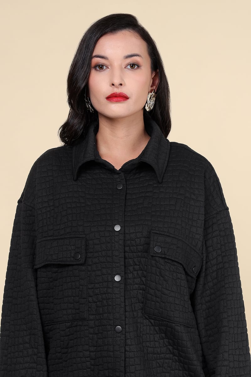 Black Quilted Shirt Jacket and Tapered Pants Co-ord Set