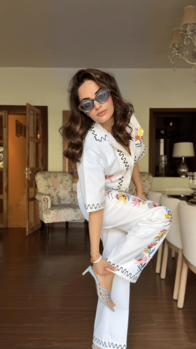 White Denim Embroidered Co-ord Set with Crop Jacket
