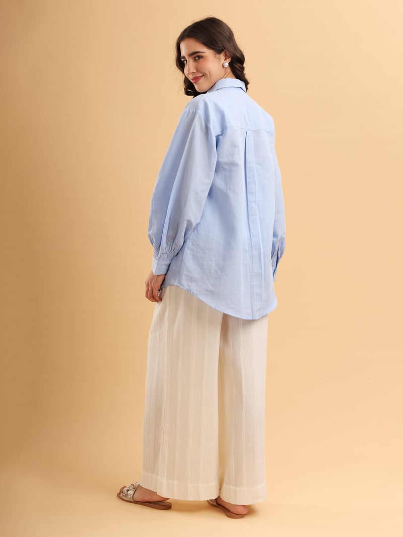 Ice Blue Cotton Linen Appliqué Button-Down Shirt