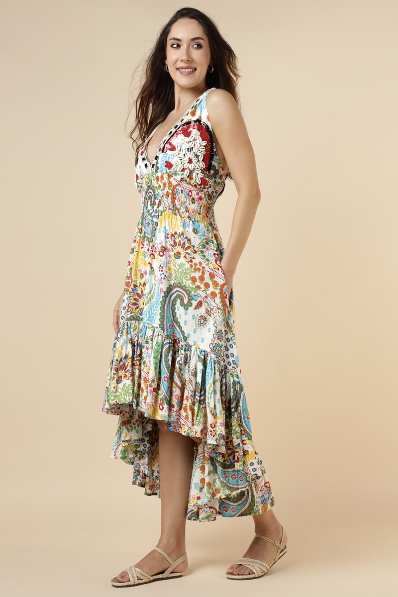 Multicolour Printed Tiered V-Neck Maxi Dress