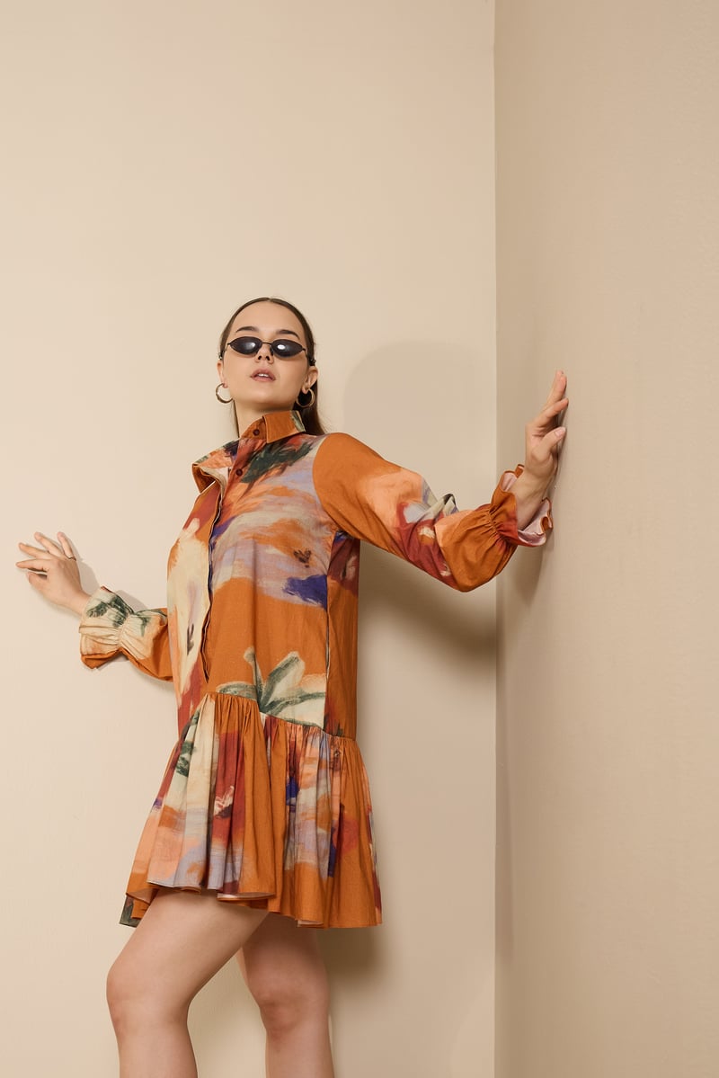 Rust Abstract Print Tiered Mini Shirt Dress