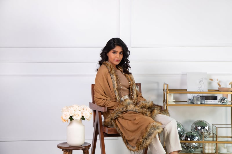 Ochre Wool Stole with Faux-Fur Border Trim