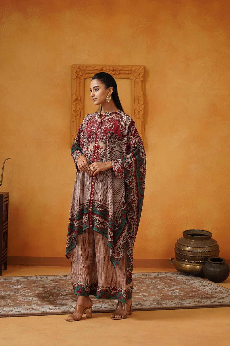 Printed Kaftan Top and Wide-Leg Pants Co-ord Set