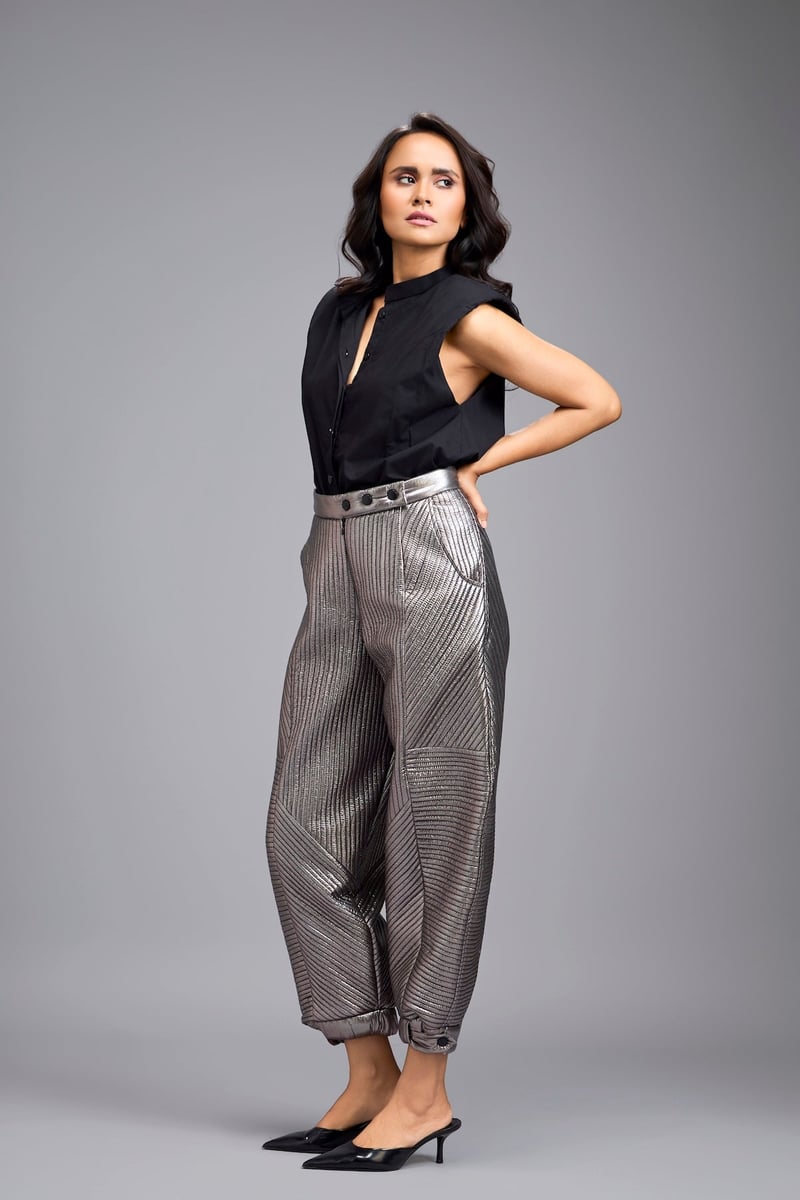 Gunmetal Metallic Quilted High-Rise Tapered Pants