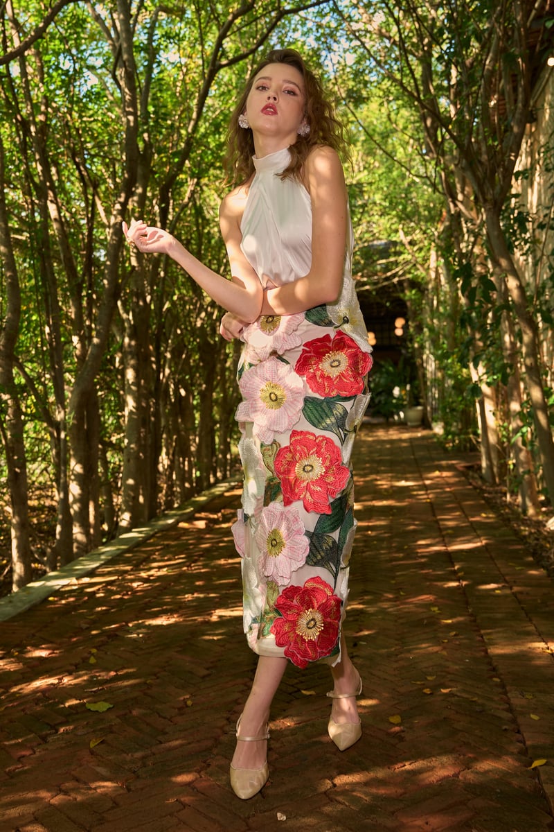 Ivory Satin Halter Neck Shirt with Pleated Front