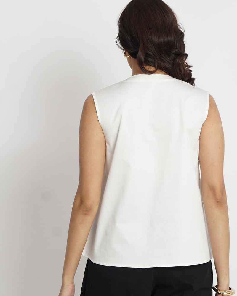 White Notched Neck Relaxed A-Line Sleeveless Cotton Top
