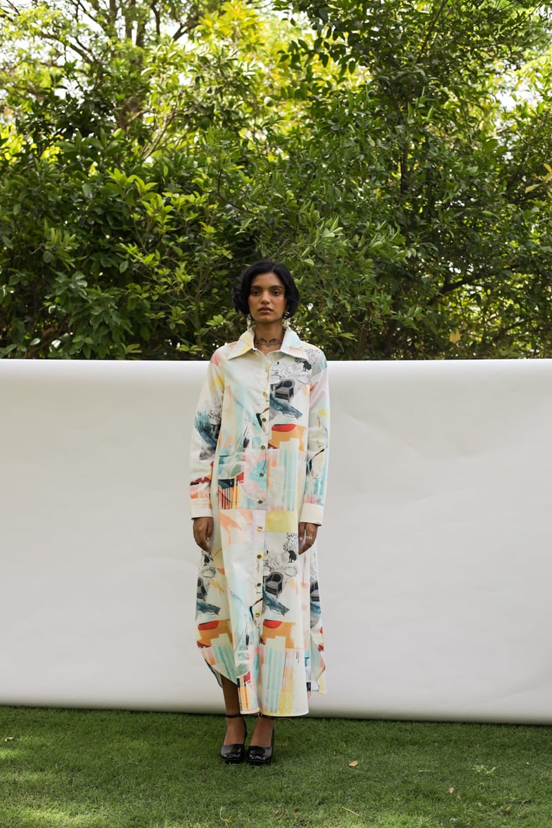 Multicolor Abstract Print Maxi Shirt Dress