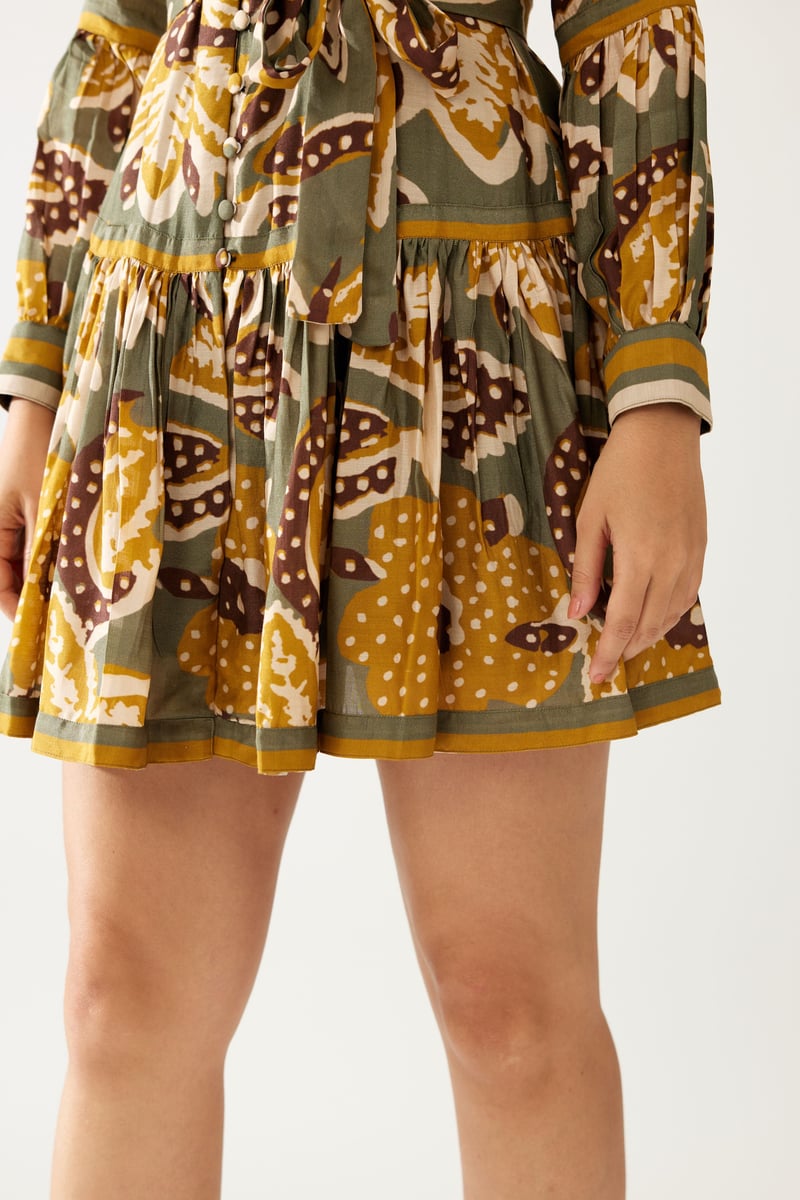 Olive And Mustard Floral Short Dress