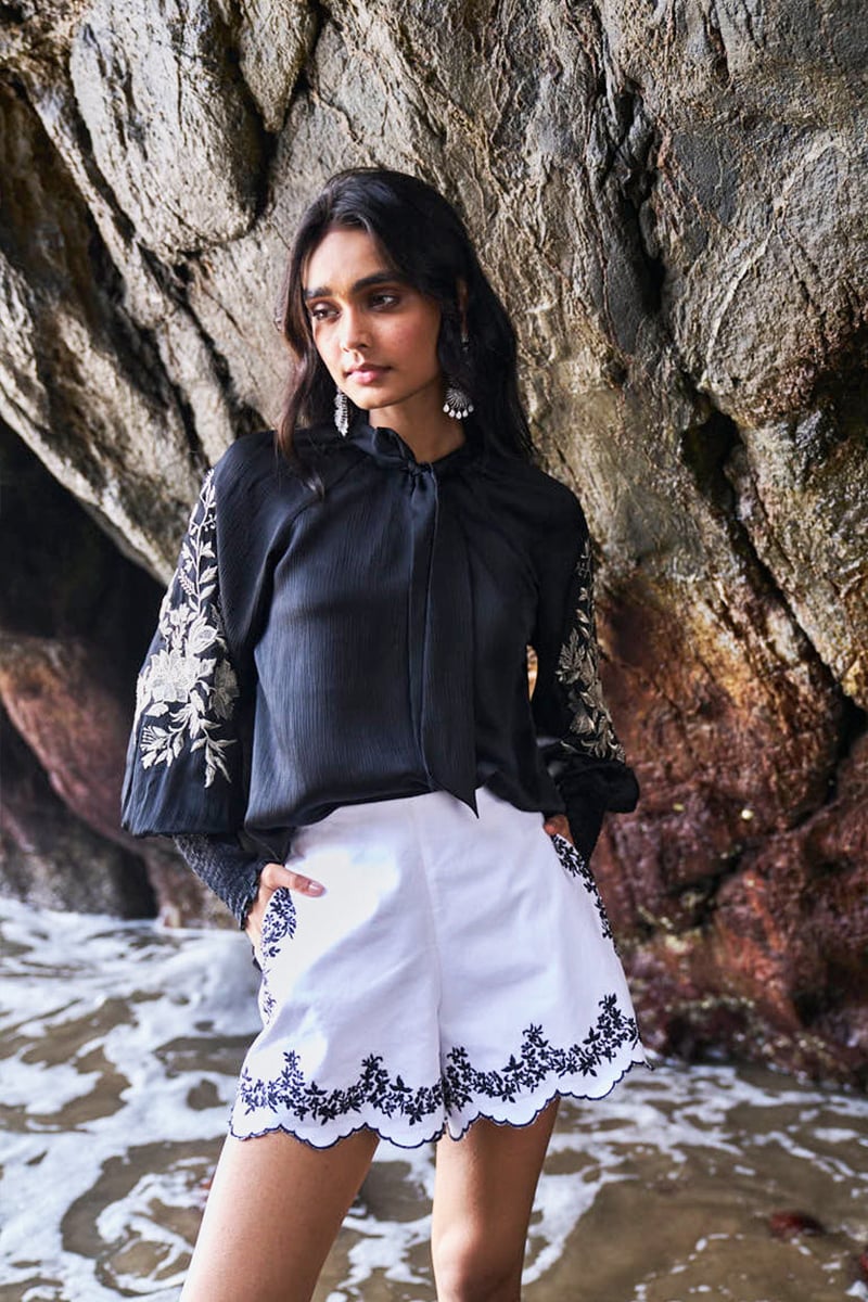 Black Tie-Neck Peasant Top with Embroidered Sleeves