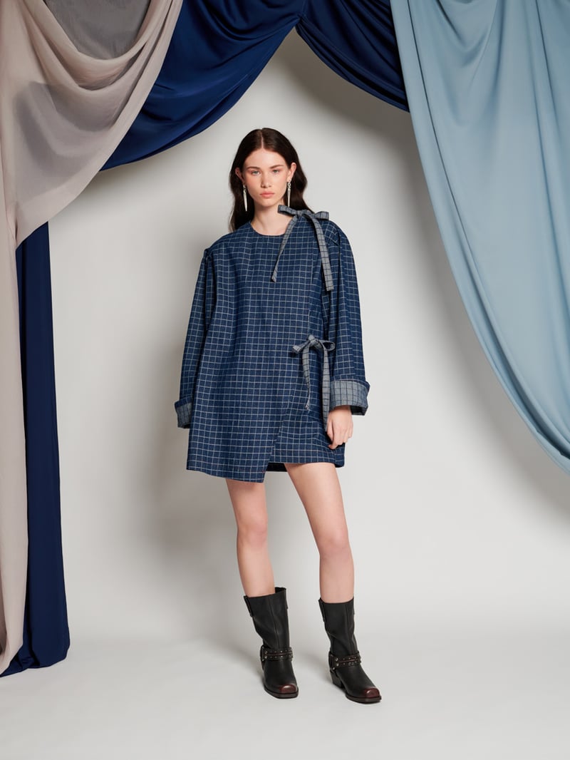 Blue Checked Oversized Wrap Mini Dress