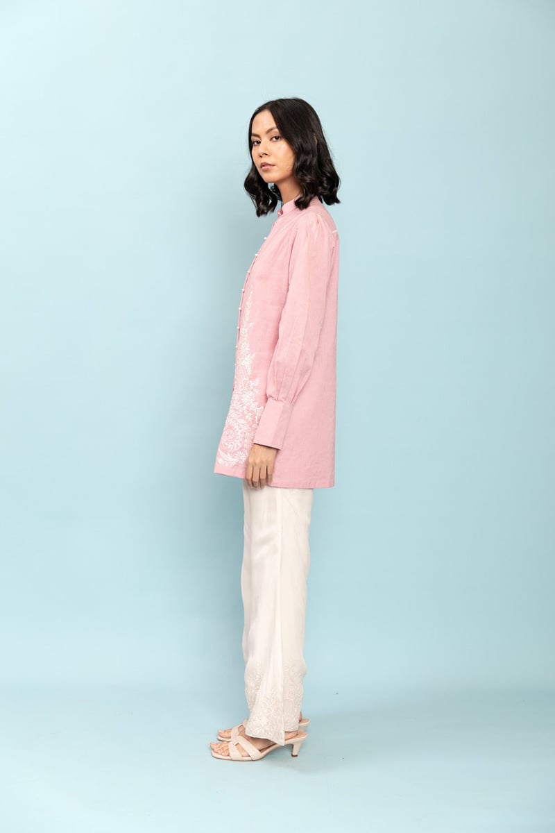 Pink Cotton Flex Longline Shirt with Pearl Embellishments