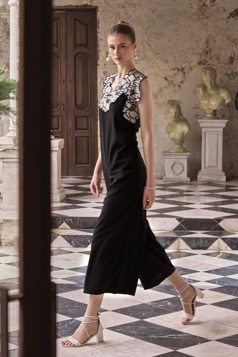 Black Monochrome Floral Applique Wide-Leg Jumpsuit