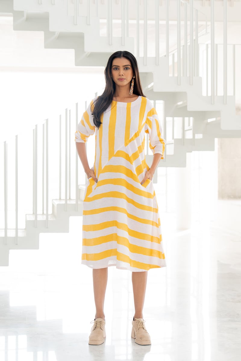 Yellow Striped Linen-Blend Midi Dress with Pockets