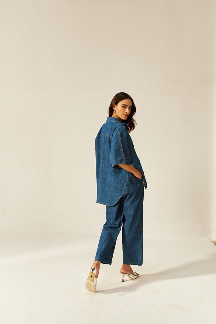Dark Denim Oversized Shirt and Wide-Leg Pants Co-ord Set
