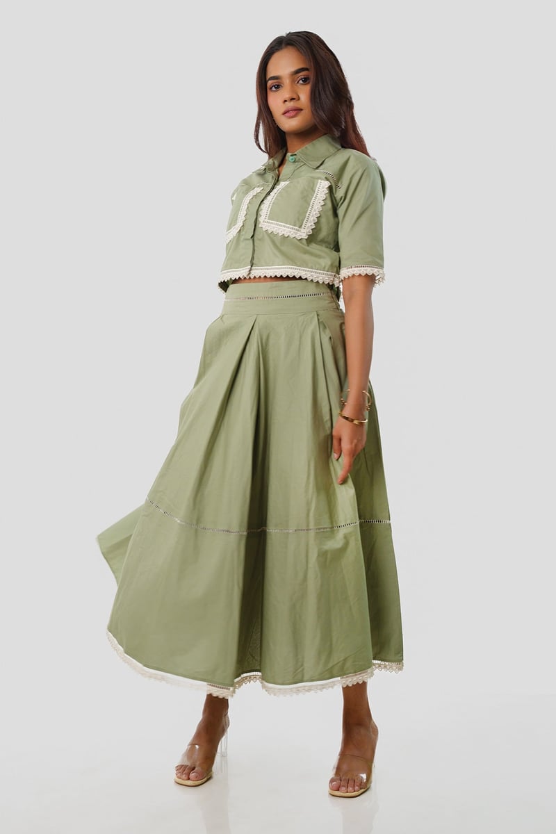 Green Cotton Crop Shirt and Midi Skirt Co-ord Set